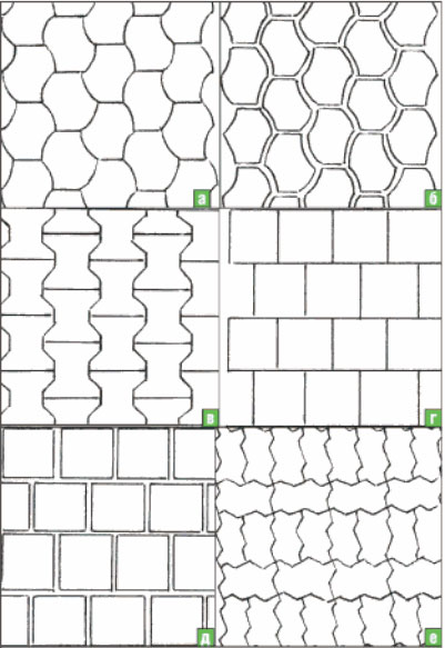 Тротуарная плитка различных форм может быть по-разному уложена в полотне мощения