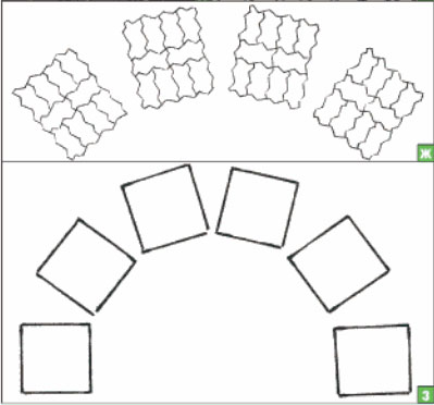 а - форма «чешуя», уложенная «без шва»; б - форма «чешуя», уложенная со швом 20-25 мм; в - форма «катушка» может быть уложена только так; г - форма «квадрат», уложенная вразбежку «без шва»; д - форма «квадрат», уложвнная со швом 20-25 мм; е - форма «волна» может быть уложена только так; ж - форма «волна», уложенная по радиусу дорожки, з - форма «квадрат», уложенная по радиусу дорожки.